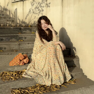 馨悠潔法式溫柔風(fēng)長(cháng)袖裙子女早秋季小個(gè)子氣質(zhì)A字裙 黃色碎花裙子【早秋流行穿搭/今年流行/海邊度假/出 S 40/45kg