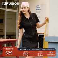 FILA FUSION斐樂(lè)潮牌女裝梭織連衣裙2025夏季新款涼感功能工裝裙 正黑色-BK XL 175/92A/XL