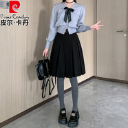 皮爾卡丹（pierre cardin）灰色毛呢復古百褶半身裙女秋冬2025新款高腰a字五分中裙西裝裙子 黑色 配腰帶 S