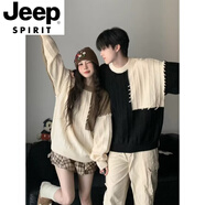 JEEP SPIRIT情侶裝拼接撞色毛衣男女日系復古秋冬季潮流寬松休閑原宿風(fēng)針織衫 杏色(男女同款)單件裝 M