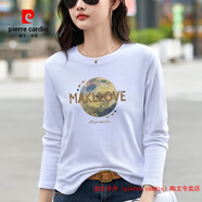 皮爾卡丹（pierre cardin）長(cháng)袖T恤女2025新款春秋內搭白色圓領(lǐng)寬松印花顯瘦秋衣上衣打底衫 白色 M
