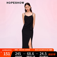紅袖2024春季新款女裝 前開(kāi)叉荷葉邊拼接收腰V領(lǐng)套頭吊帶連衣裙 黑050 L