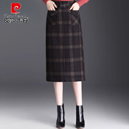 皮爾卡丹（pierre cardin）毛呢半身裙秋冬加厚冬裙女中長款一步裙開叉包臀裙顯瘦格子直筒裙 紅格毛呢款（后松緊，裙長75厘米） M 27/二尺(適合90到105斤)