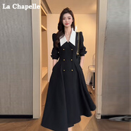拉夏貝爾（La Chapelle）黑色長(zhǎng)袖連衣裙女秋收腰氣質(zhì)高級(jí)感溫柔高知穿搭長(zhǎng)袖大擺長(zhǎng)裙 黑色【卡碼拍大】 L 建議110-120斤