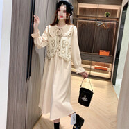 UKUHPK兩件套毛線(xiàn)背心馬甲法式復古連衣裙女2025春秋收腰顯瘦中長(cháng)裙 米杏色套裝 S 80-89斤
