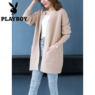花花公子（PLAYBOY）春秋新款毛衣針織開衫女百搭長袖寬松外搭韓版外套中長款外穿潮流 淺卡色 M