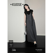 闊色（kuose）條紋格雷系穿搭背帶褲休閑褲女春夏季新款顯瘦吊帶連體褲裙 黑灰色 L