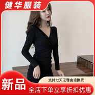 美安嘉秋冬新款V領(lǐng)夜場(chǎng)氣質(zhì)裙褶皺連衣裙小眾緊身收腰顯瘦辣妹包臀短裙 黑色秋/款 S