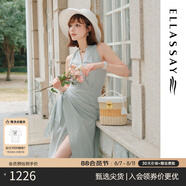 歌力思（ELLASSAY）【博主同款】25夏季新款棉抽褶不規(guī)則條紋修身顯瘦無袖連衣裙女 綠條紋 S