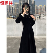 恒源祥富家千金感連衣裙秋冬絲絨連身裙高級感顯瘦遮肚子蕾絲花邊內搭裙 黑色長(cháng)款 S