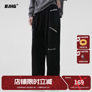 BJHG不計(jì)后果環(huán)保麂皮絨撞色拼接美式休閑褲潮牌男秋寬松直筒垂感長褲 黯黑色 M