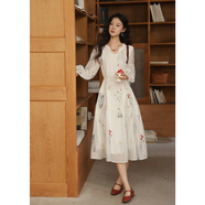 謎秀植物刺繡白色連衣裙2025年秋新品裙子弧形領(lǐng)燈籠袖綁帶收腰長(cháng)裙女 米白色 S
