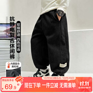 左西男童加絨褲子休閑褲2025新款兒童一體絨燈芯絨長(cháng)褲潮 黑色 160