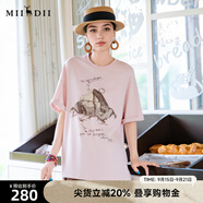 謎底印花T恤短袖女2025夏新款圓領(lǐng)粉色原創(chuàng)繡花寬松上衣256MT6023 懷舊粉 M