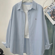 憶思減黃色減齡韓版襯衫外套女春秋法式寬松顯瘦長(cháng)袖襯衣外搭開(kāi)衫上衣潮 藍色 XL 建議115-125斤