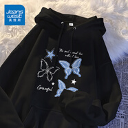 真維斯（Jeanswest）連帽衛衣女2026新款爆款落肩寬松大碼休閑秋裝時(shí)尚百搭中長(cháng)款外套 黑色 愛(ài)與蝴蝶藍白 3XL