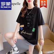 羅蒙 短袖t恤女2022夏季新款小個子設(shè)計感小眾韓版寬松大碼中長款半袖 黑色 M
