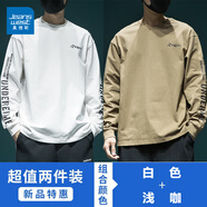真維斯美式印花長(cháng)袖T恤男春秋季新款寬松大碼潮流休閑打底衫百搭圓領(lǐng)t恤 白色+淺咖【兩件裝更優(yōu)惠】 3XL 【建議160-185斤】