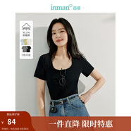 茵曼（INMAN）撞色羅紋棉女裝U領(lǐng)短袖T恤修身氣質(zhì)通勤2025夏季新款短款上衣 黑色 -18518134 M