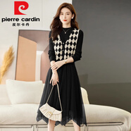 皮爾卡丹（pierre cardin）網(wǎng)紗拼接針織連衣裙女春秋2025新款法式氣質(zhì)毛衣裙馬甲兩件套群裝 黑色 M