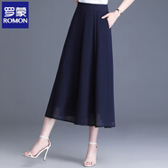 羅蒙（ROMON）雪紡a字裙半身裙女春夏2025新款高腰顯瘦中長(cháng)款大擺百褶長(cháng)裙垂感 藏青色 深藍色裙長(cháng)80cm L  腰圍2尺1/適合101-110斤
