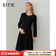 愛(ài)特愛(ài)（EITIE）冬季新款商場(chǎng)同款時(shí)尚V領(lǐng)洋氣釘珠收腰A字顯瘦呢子連衣裙6407114 黑色20 S 155