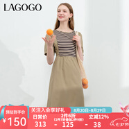 lagogo撞色條紋文藝風(fēng)高腰連衣裙女拉谷谷夏季新款氣質(zhì)純棉A字裙 混色(Y0) M