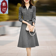 夏典素訂女王（SE.PSTP）素訂原創(chuàng)毛呢格子連衣裙女長袖2025春秋新款感氣質(zhì)名媛小香風(fēng)修身 灰色 M