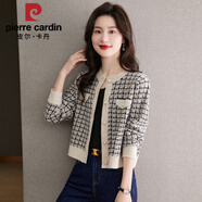 皮爾卡丹小香風(fēng)外套女2025新款針織上衣千鳥(niǎo)格小個(gè)子高腰毛衣秋季短款開(kāi)衫 米色(收藏加購送運費險) L