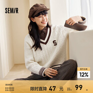 森馬毛衣女撞色V領(lǐng)寬松落肩文藝冬季潮流字母絞花上衣復(fù)古學(xué)院風(fēng) 白色調(diào)00311 XL 170/92A