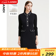 藍地（LANDI）秋季新款撞色POLO領(lǐng)針織拼接連衣裙女羊毛短裙 藏青色 S