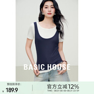 Basic House/百家好假兩件針織T恤女夏新款撞色拼接短袖體恤上衣 白拼藏青 M