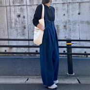 2025夏季日韓樂(lè )天日系牛仔背帶褲女寬松闊腿連體褲休閑褲 藍色 S