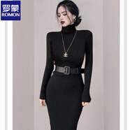 羅蒙（ROMON）百搭秋冬高領(lǐng)緊身針織裙包臀連衣裙收腰顯瘦女打底中長(cháng)款內搭毛衣 黑色(配腰帶) 均碼