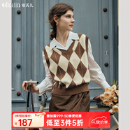 Olrain歐芮兒菱形格毛衣馬甲女春裝新款寬松V領(lǐng)提花復(fù)古背心 可可咖 XL