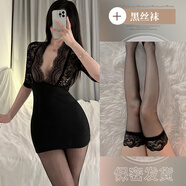 欲欲一試秘書(shū)包臀裙OL制服大碼性感深V蕾絲誘惑緊身夜店情調睡裙 黑色連衣裙+黑過(guò)膝絲襪 均碼 大碼【120-160】