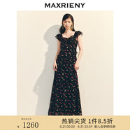 MAXRIENY櫻桃印花收腰連衣裙長(cháng)款25夏季新款法式度假雪紡連衣裙 黑色 M