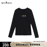 謎底圓領(lǐng)T恤長(cháng)袖女冬季簡(jiǎn)約百搭刺繡純棉上衣女234MT1494 黑色 S