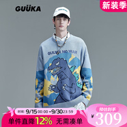 古由卡（GUUKA）潮牌雪山恐龍涂鴉提花毛衣男21秋冬青少年嘻哈撞色寬松落肩針織衫 淺藍(lán) S