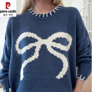 皮爾卡丹（pierre cardin）2025歐美新款慵懶風(fēng)套頭針織上衣蝴蝶結提花寬松外穿毛衣女 深藍色 S