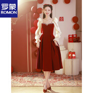 羅蒙（ROMON）官方敬酒服2025新款新娘酒紅平時可穿長袖訂婚結婚連衣裙高級禮服 酒紅__紗袖_中長 S _建議85-95斤