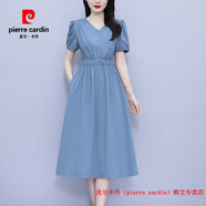 皮爾卡丹（pierre cardin）媽媽短袖連衣裙女夏裝2025年新款小個子收腰顯瘦氣質(zhì)休閑襯衫裙子 藍(lán)色 L