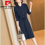 皮爾卡丹（pierre cardin）2025春秋減齡娃娃領(lǐng)收腰系帶中長(zhǎng)款女純色條紋寬松針織連衣裙潮 藏青色今年流行的輕奢品牌 2XL