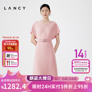 朗姿/LANCY夏季新款蝙蝠袖收腰醋酸連衣裙女氣質(zhì)優(yōu)雅粉色裙子 霧霾粉色 M