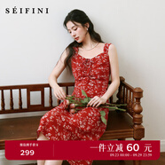 詩(shī)凡黎（'SEIFINI）詩(shī)凡黎法式紅色碎花小上衣25夏新款浪漫V領(lǐng)抽繩連衣裙魚(yú)尾半身裙 紅色連衣裙 M