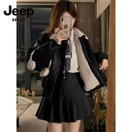JEEP SPIRIT韓系開(kāi)春小個(gè)子香風(fēng)皮衣短外套女2025早秋季新款情侶裝棒球服夾克 黑色(內里羊羔絨1188) XL