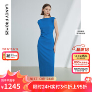 朗姿法式一字肩收腰抽褶設(shè)計感氣質(zhì)長裙夏裝新款女禮服連衣裙 艦隊藍(lán)色2 XL