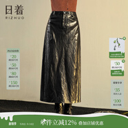 日著（rizhuo）原創(chuàng)設(shè)計(jì)女裝2025秋季新款 小眾別致顯瘦黑色高腰A字半身皮裙 隱黑 L