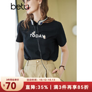 betu百圖女裝春裝新款寬松韓版卡通印花短袖T恤ins潮JD2102T08 黑色 S