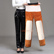 圣紡源皮褲女高腰加絨2025小個(gè)子年秋冬新款女皮褲寬松直筒長(cháng)褲褲加厚中 女護腰特厚皮褲 XL 建議130-145斤